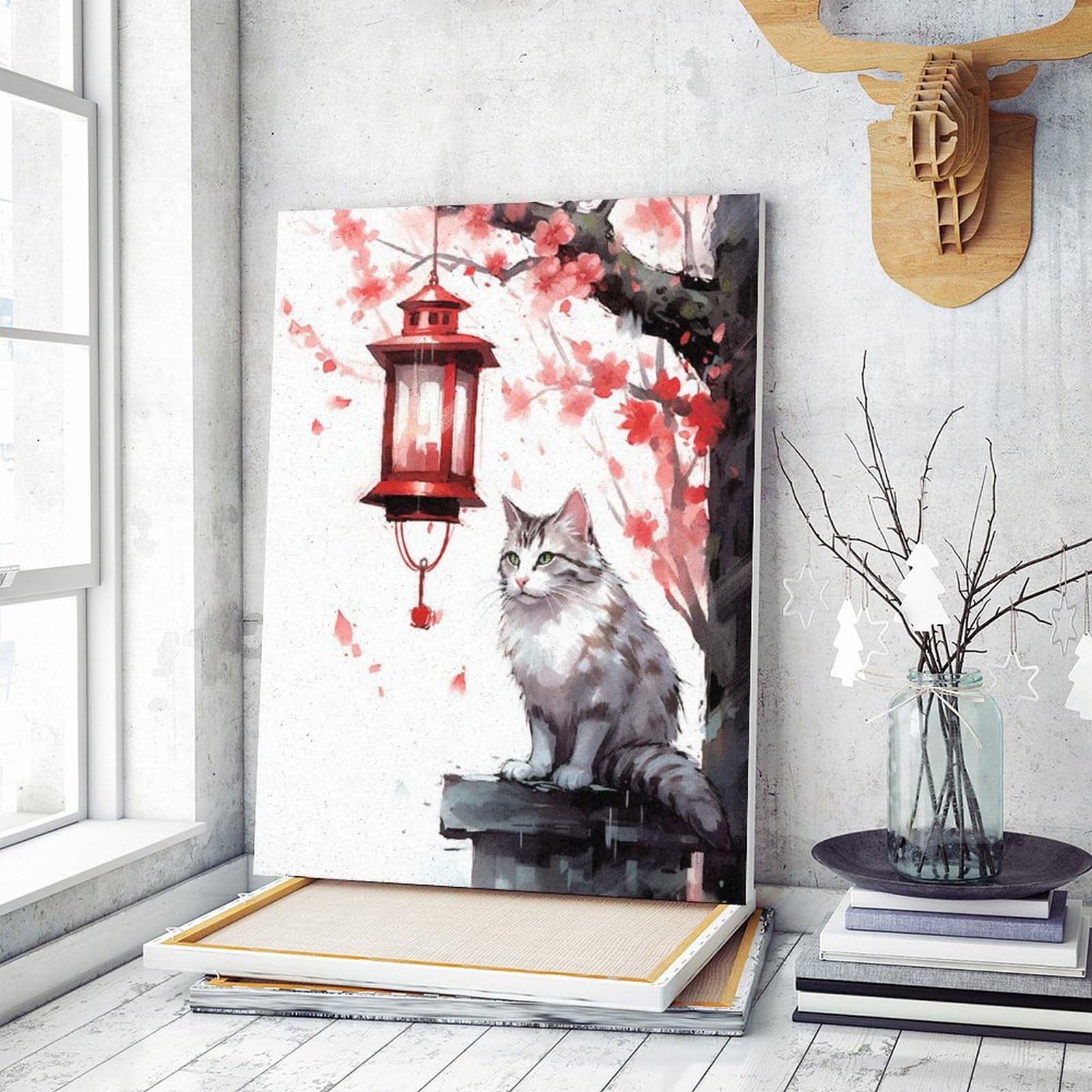 「華影」油絵 Amazon | ランタンを見つめる猫 数字油絵 イラスト絵画 数字キット